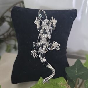 Vintage Silver with Black Enamel and Pave Rhinestone Lizard Brooch Pin